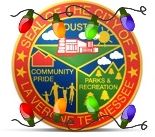 Image of city seal with Christmas lights